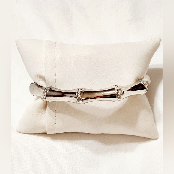 2 Hinge Bangle Bracelets Black Enamel w/Crystals & Bamboo Silvertone w/Crystals - Picture 4 of 13